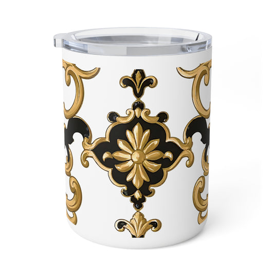 Elegant Insulated Coffee Mug, 10oz | Vintage Floral Design | Perfect for Home or Office | Gift for Coffee Lovers - Black & Gold Rococo