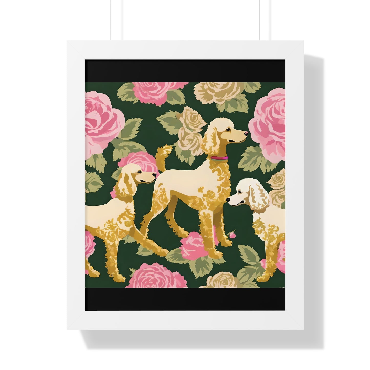 Vertical Poster - Stylish Framed - Art for Home Decor - Poodles In Dark Green & Pink Roses