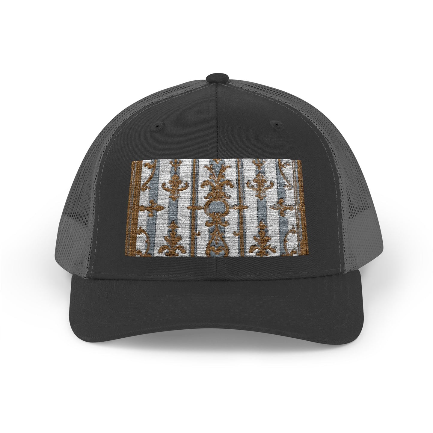 Stylish Snapback Trucker Cap with Nature-Inspired Design - Summer Festivals - Matte Gray & Cream Striped Gold Baroque