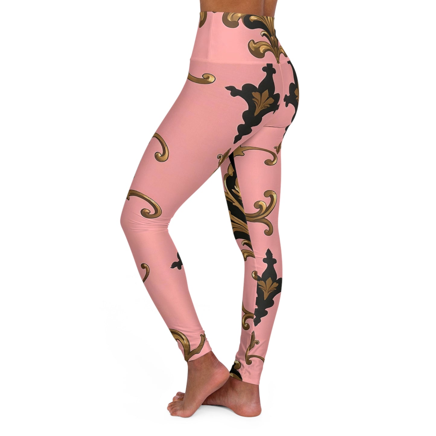 Elegant High Waisted Yoga Leggings, Floral Print Fitness Pants, Women's Workout Leggings - Pink, Black & Gold Rococo