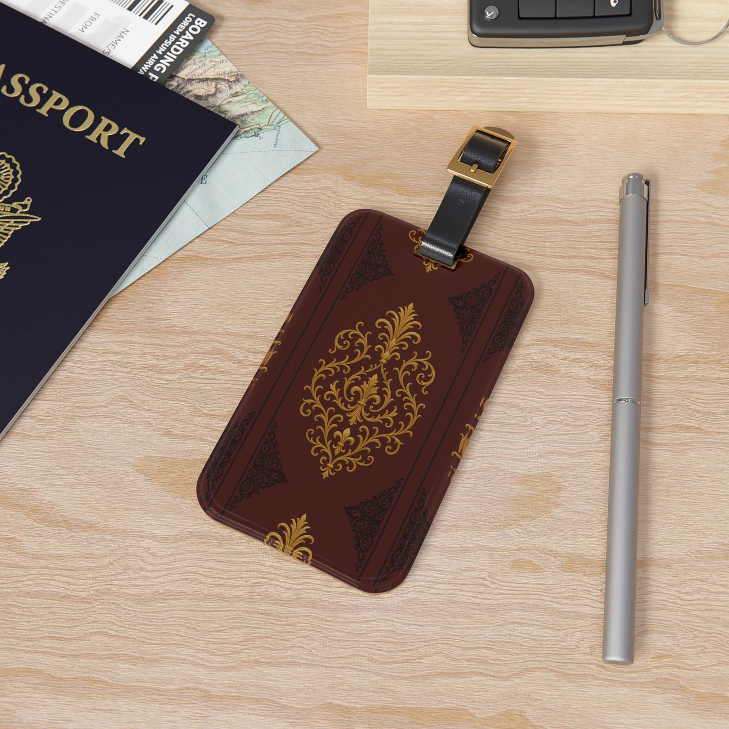Dusk Burgundy-Black & Gold Baroque Vintage Luggage Tag — Elegant Gold on Burgundy Travel ID