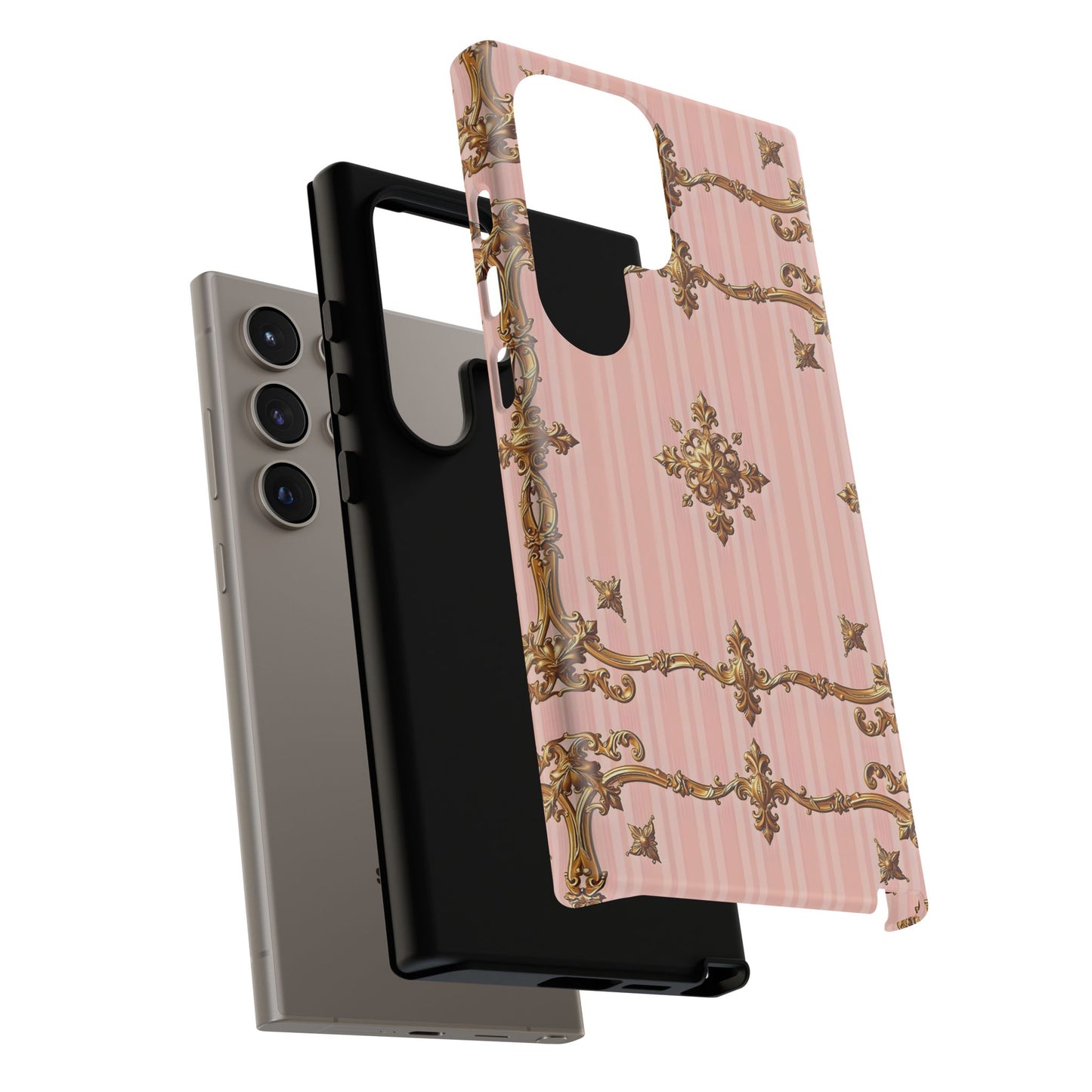 Elegant Floral Phone Case, Tough Cases for Women, Trendy Phone Cover, Chic Gift - Pink Striped Gold Baroque