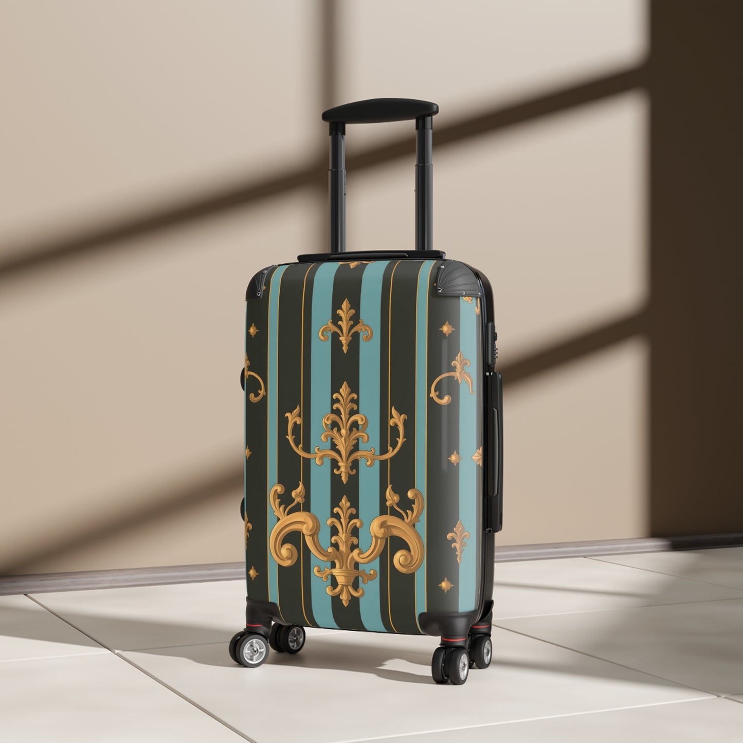 Elegant Vintage Striped Suitcase, Travel Luggage, Stylish Travel Gear, Unique Gift for Travelers, Sturdy Cabin Bag - Black & Turquoise Striped Baroque