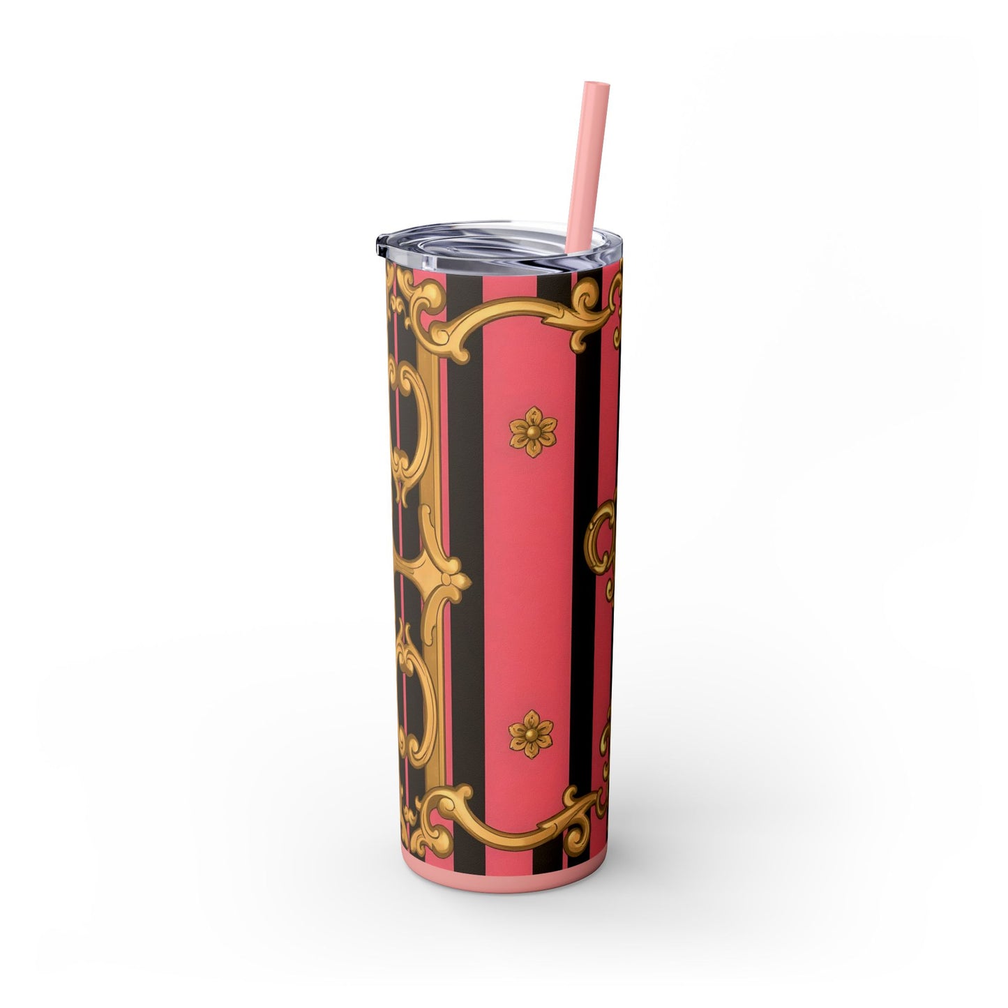 Chic Pink Striped Skinny Tumbler, 20oz | Elegant Travel Mug, Perfect Gift for Birthdays - Pink & Black Striped Gold Baroque