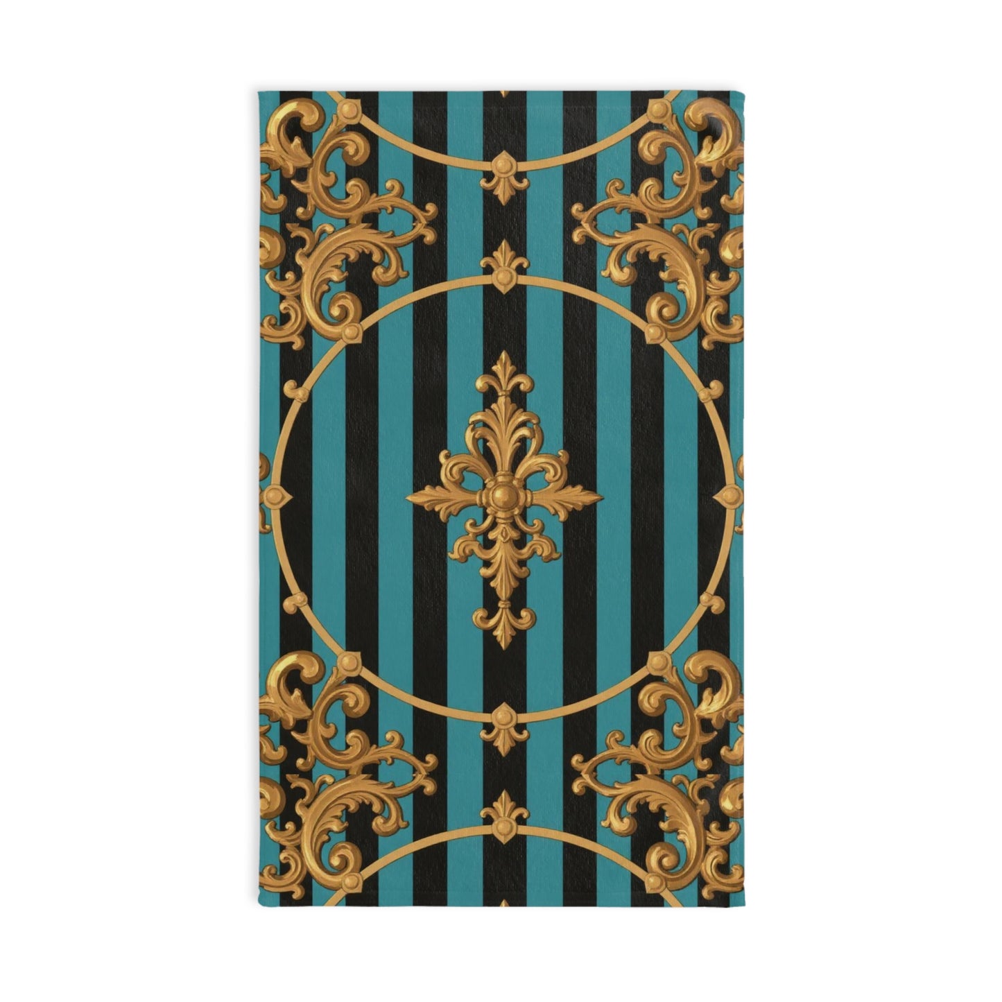 Luxurious Turquoise & Black Striped Gold Baroque Decorative Hand Towel, Glamorous Kitchen Decor, Elegant Gift for Her, Sophisticated Bathroom Towel