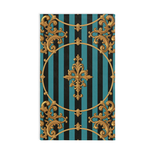 Luxurious Turquoise & Black Striped Gold Baroque Decorative Hand Towel, Glamorous Kitchen Decor, Elegant Gift for Her, Sophisticated Bathroom Towel