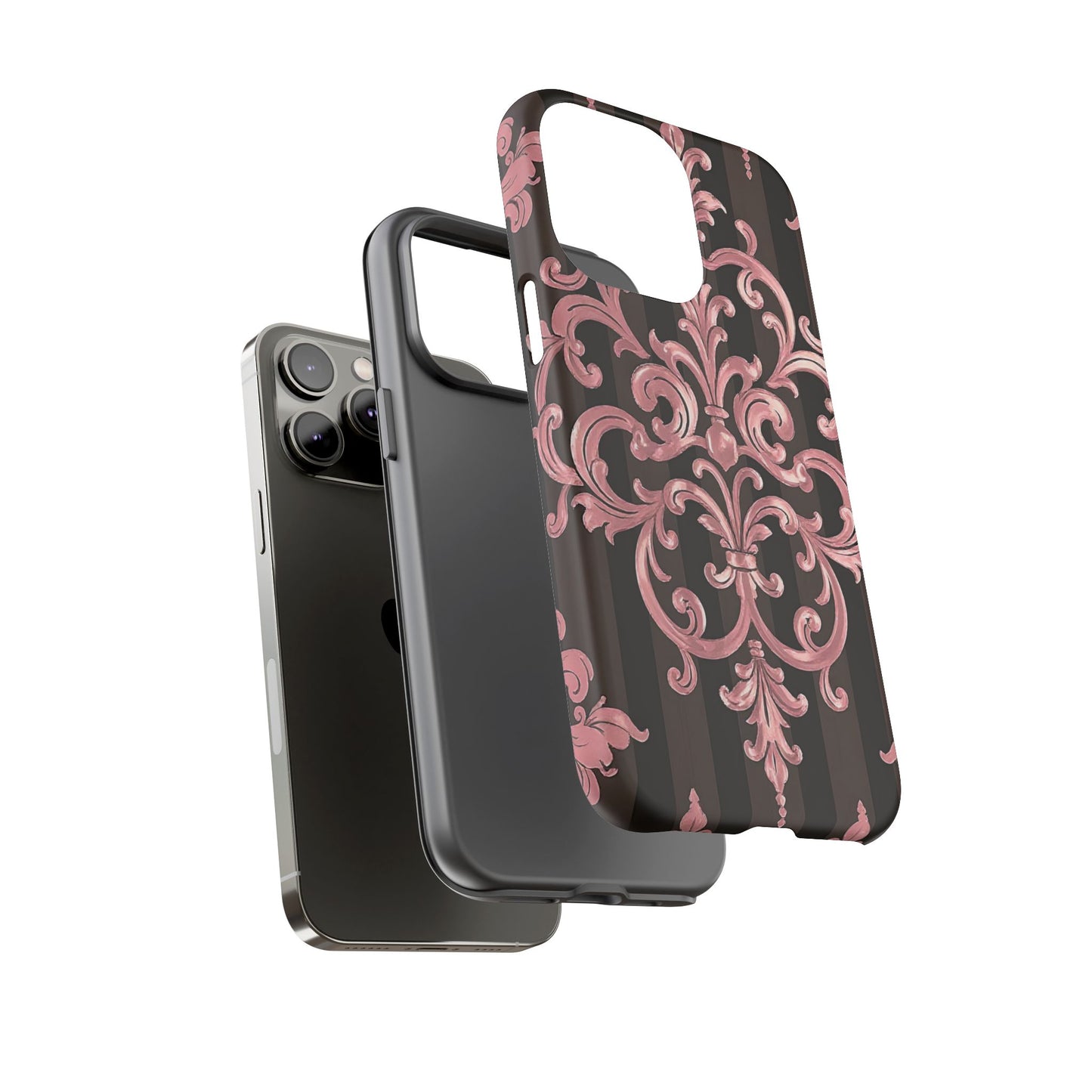 Elegant Floral Motif Phone Case - Tough Cases with Vintage Design - Brown Striped Mauve Damask
