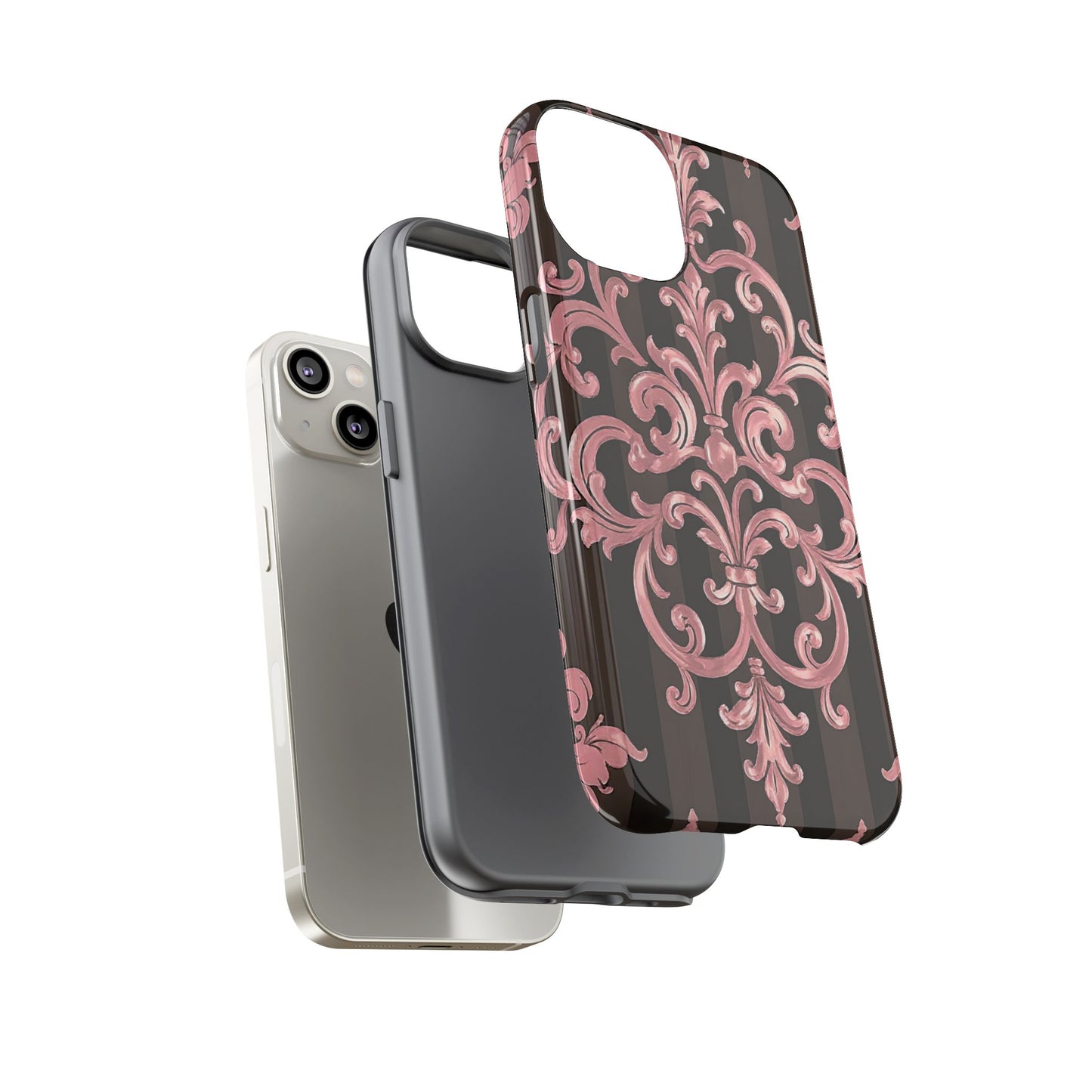 Elegant Floral Motif Phone Case - Tough Cases with Vintage Design - Brown Striped Mauve Damask