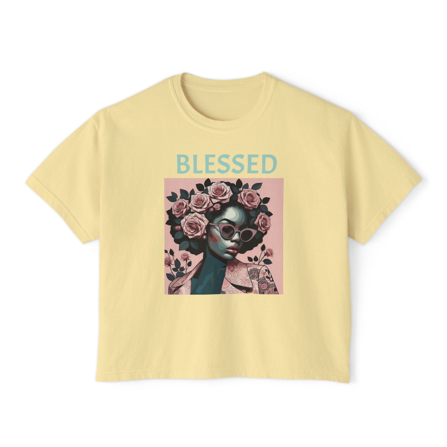 Blessed Women's Boxy Tee - Floral Graphic Shirt, Trendy Casual Top, Perfect Gift for Her, Boho Fashion, Self-Care Reminder - Mint Lettering