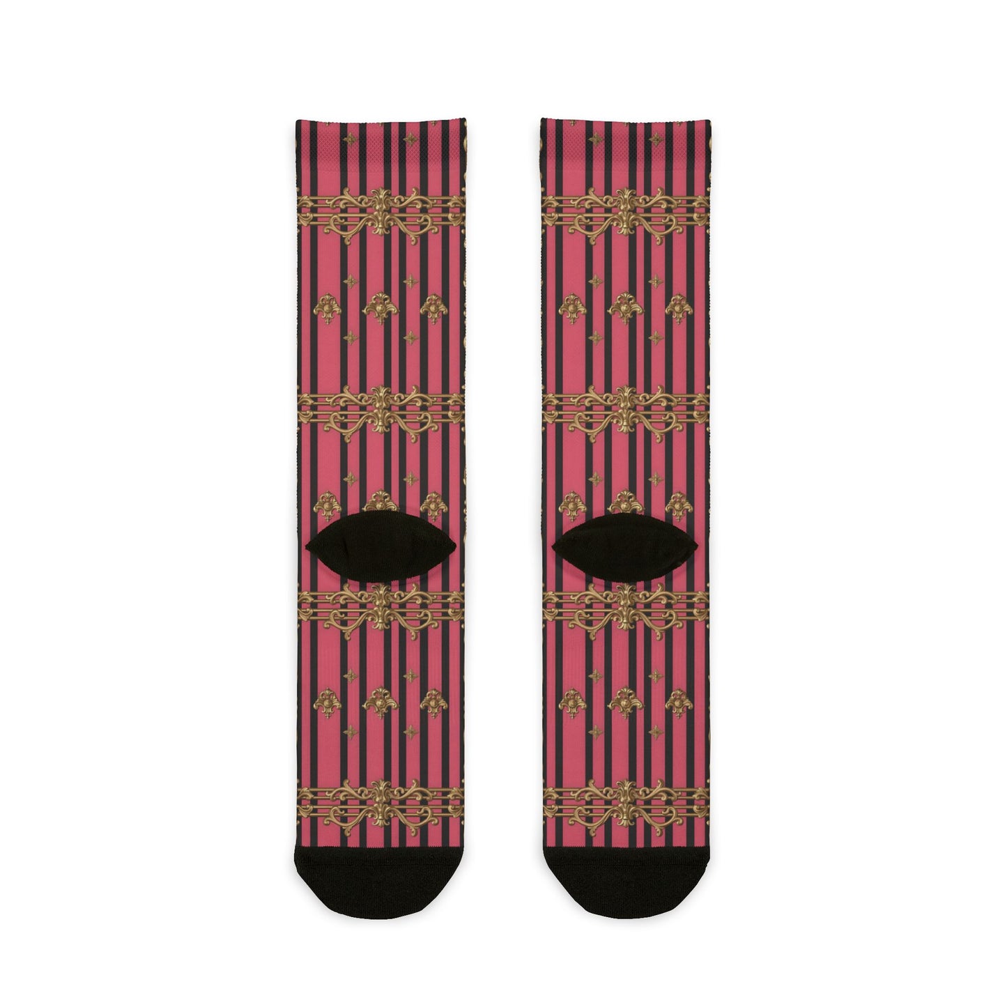 Chic Patterned Crew Socks | Fun Gift, Cozy Fashion, Unique Accessory, Everyday Wear, Stylish Socks - Pink Striped Gold Rococo