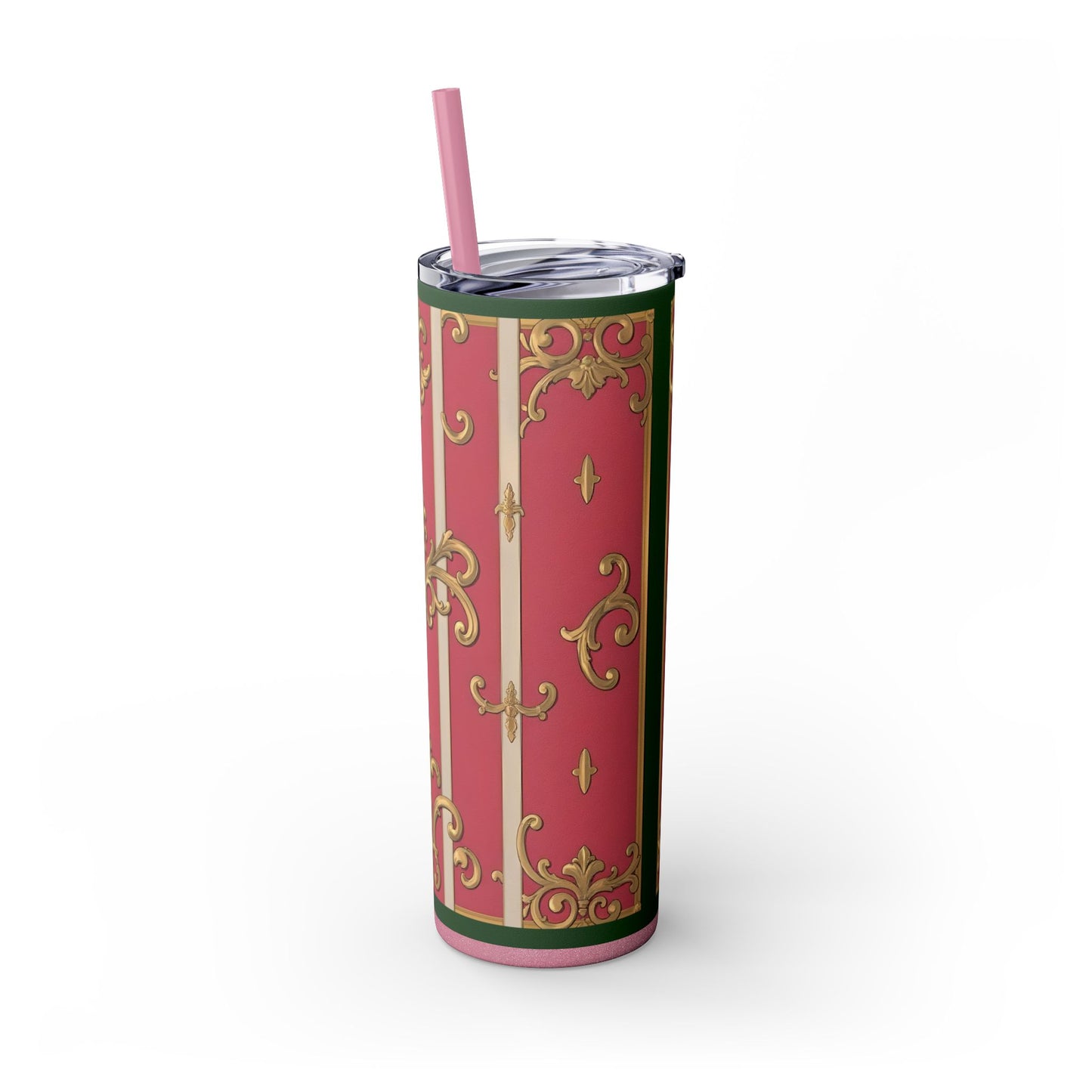 Elegant Green Border Pink Striped Baroque Skinny Tumbler with Straw, Reusable Travel Mug, Gift for Her, Fashionable Drinkware