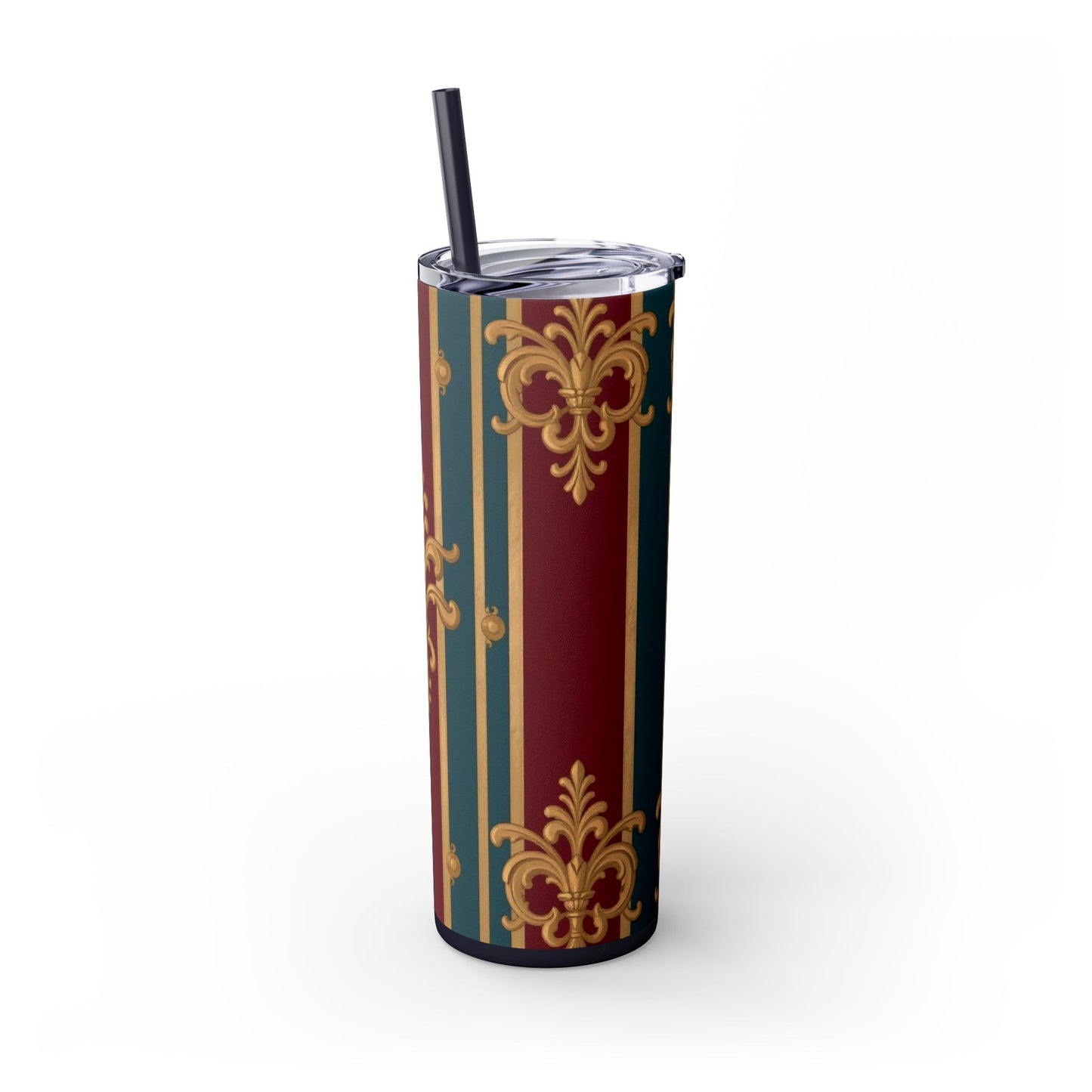 Elegant Vintage Skinny Tumbler with Straw, 20oz | Gold & Burgundy Design | Travel Mug, Gift for Her - Burgundy Striped Gold Baroque
