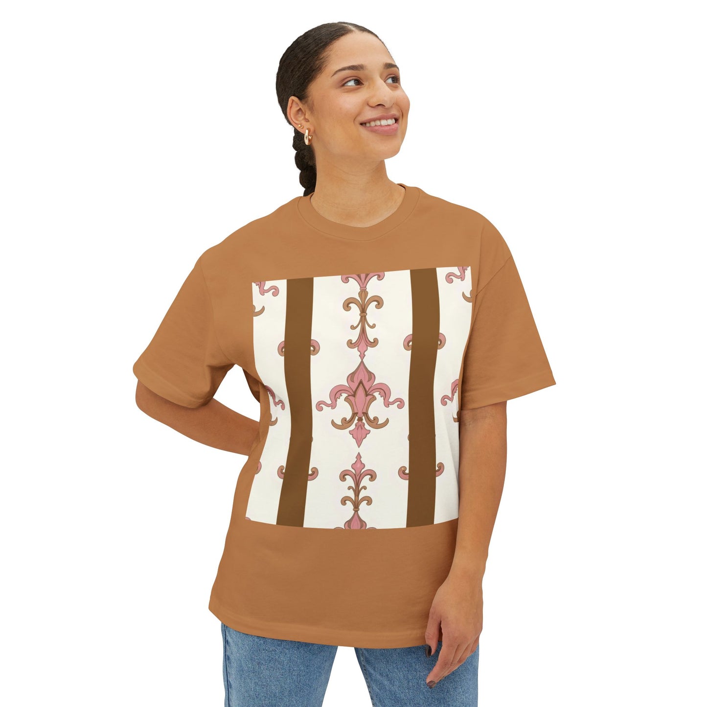 Chic Floral Boxy Tee, Oversized Unisex Tee, Casual Style Shirt, Summer Fashion Top, Gift for Trendsetters - Brown Striped Pink Arabesque