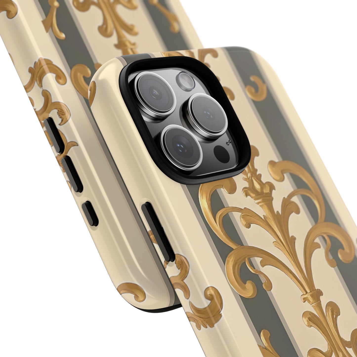 Elegant Floral Motif Phone Case - Tough Cases with Vintage Design - Dusk Olive Striped Gold Damask