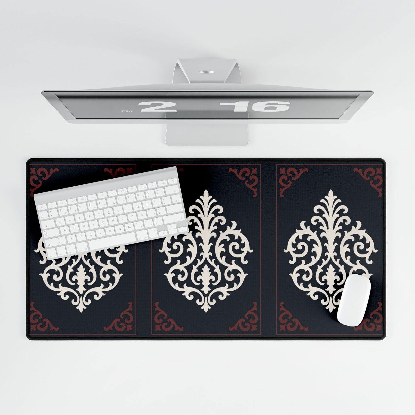 Dusk Blue-Maroon & White Baroque Desk Mat — Elegant Dusk Blue & White Mouse Pad