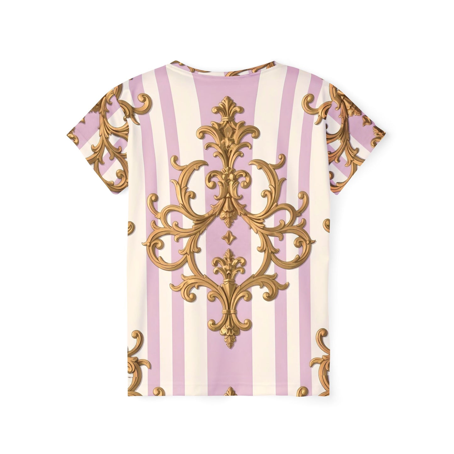 Elegant Women's Sports Jersey, Stylish AOP Tee for Fitness, Casual Wear, Trendy Workout Top - Lilac & Alabaster Striped Gold Baroque