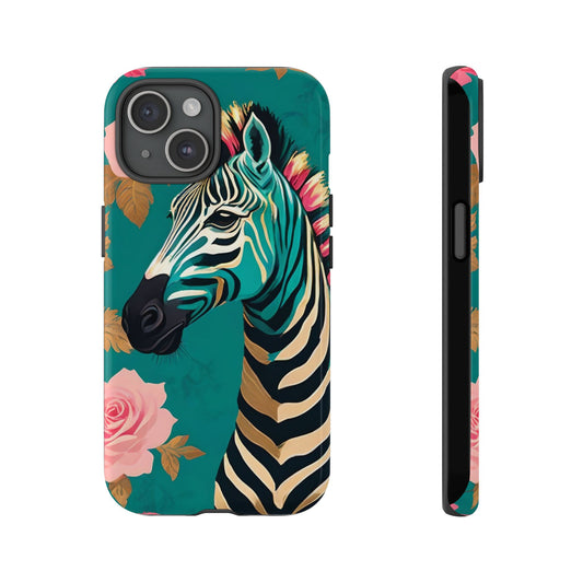 Phone Case - Elegant Teal & Gold Zebra & Roses Design