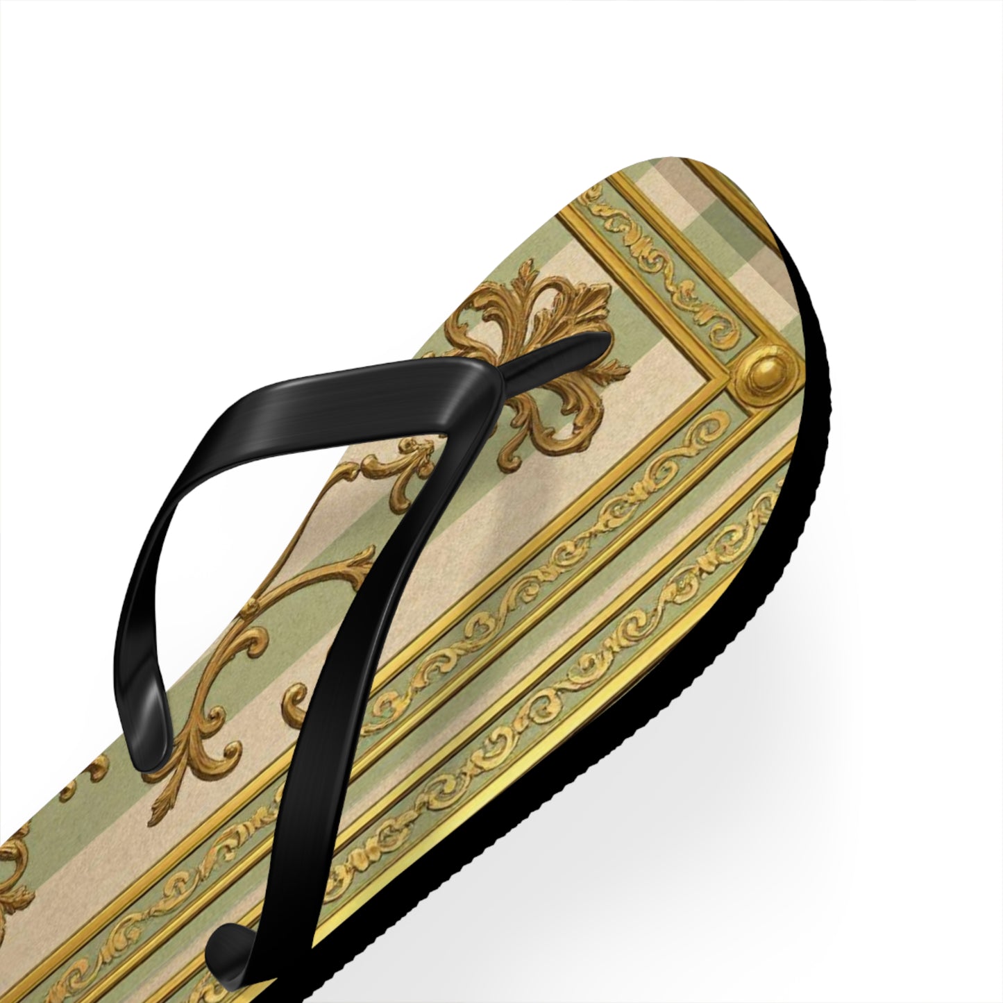 Elegant Floral Flip Flops for Summer, Beach Footwear, Stylish Sandals, Vacation Essentials, Outdoor Slip-On Shoes - Mint & Beige Striped Gold Baroque
