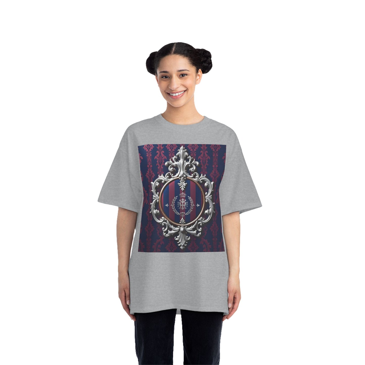 Elegant Unisex Graphic T-Shirt - Vintage Inspired, Casual Wear, Unique Gift, Art Tee, Fashion Statement - Blue & Plum Striped Silver Crest