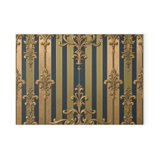 Elegant Midnight Blue & Olive Striped Gold Baroque Glass Cutting Board with Vintage Pattern | Kitchen Decor, Gift for Chefs, Wedding Present