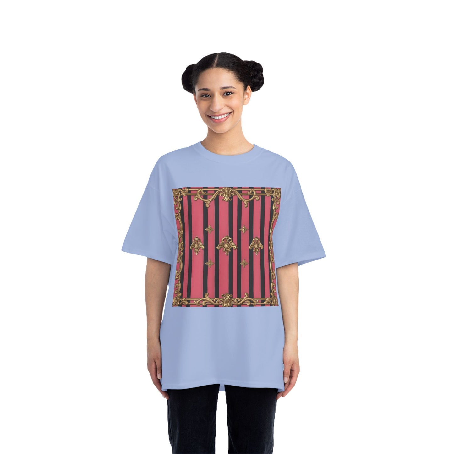 Elegant Baroque Short-Sleeve T-Shirt - Artistic Fashion, Graphics Tee, Unique Gift, Stylish Apparel, Casual Wear - Pink Striped Gold Rococo