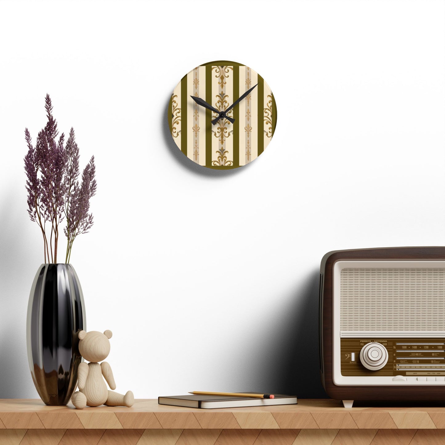 Bohemian Damask-Inspired Acrylic Wall Clock with Floral Design - Olive Striped Gold Damask