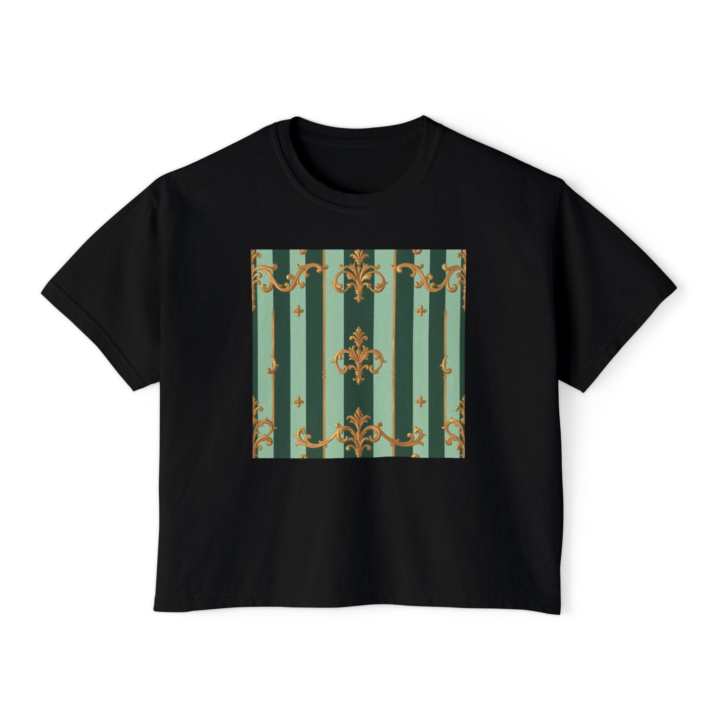 Chic Women's Boxy Tee, Vintage Inspired Tops, Casual Everyday Wear, Fashion for Her, Stylish Graphic Tee - Mint Green & Teal Striped Gold Baroque