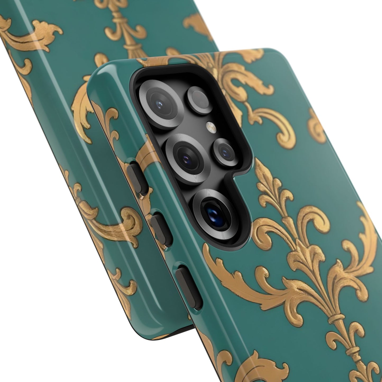 Elegant Floral Motif Phone Case - Tough Cases with Vintage Design - Aqua & Gold Damask
