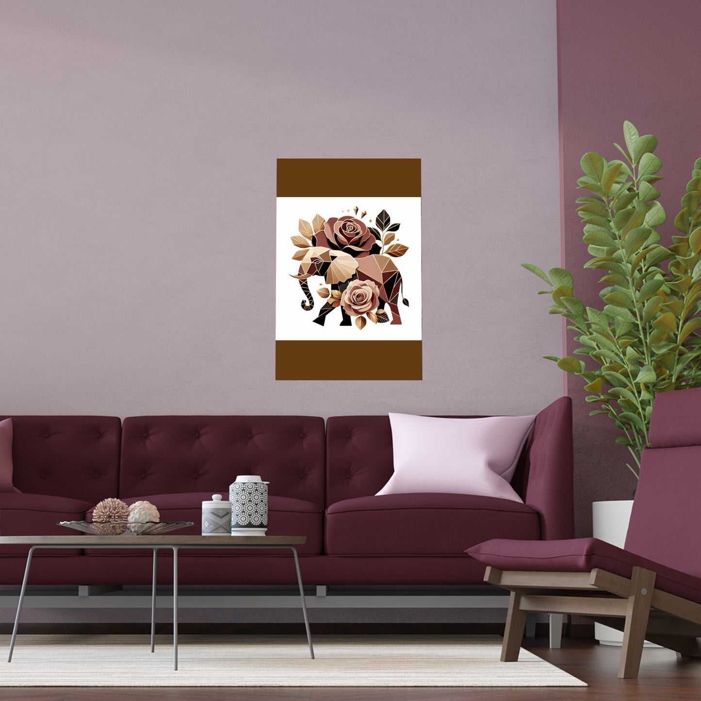Elegant Floral Silk Poster - Indoor/Outdoor Wall Art for Home Decor - Brown & Gold Elephant & Roses
