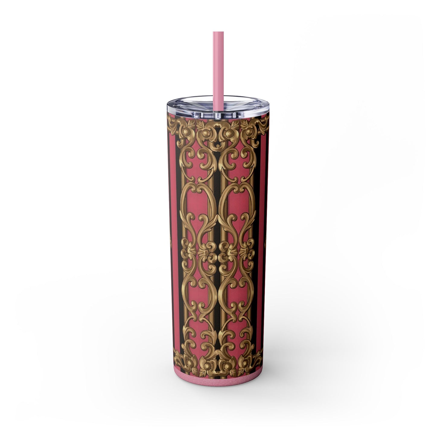 Elegant Pink Striped Skinny Tumbler with Straw, 20oz, Stylish Drinkware, Custom Gift Idea, Travel Mug, Wedding Gift - Pink Striped Gold Rococo