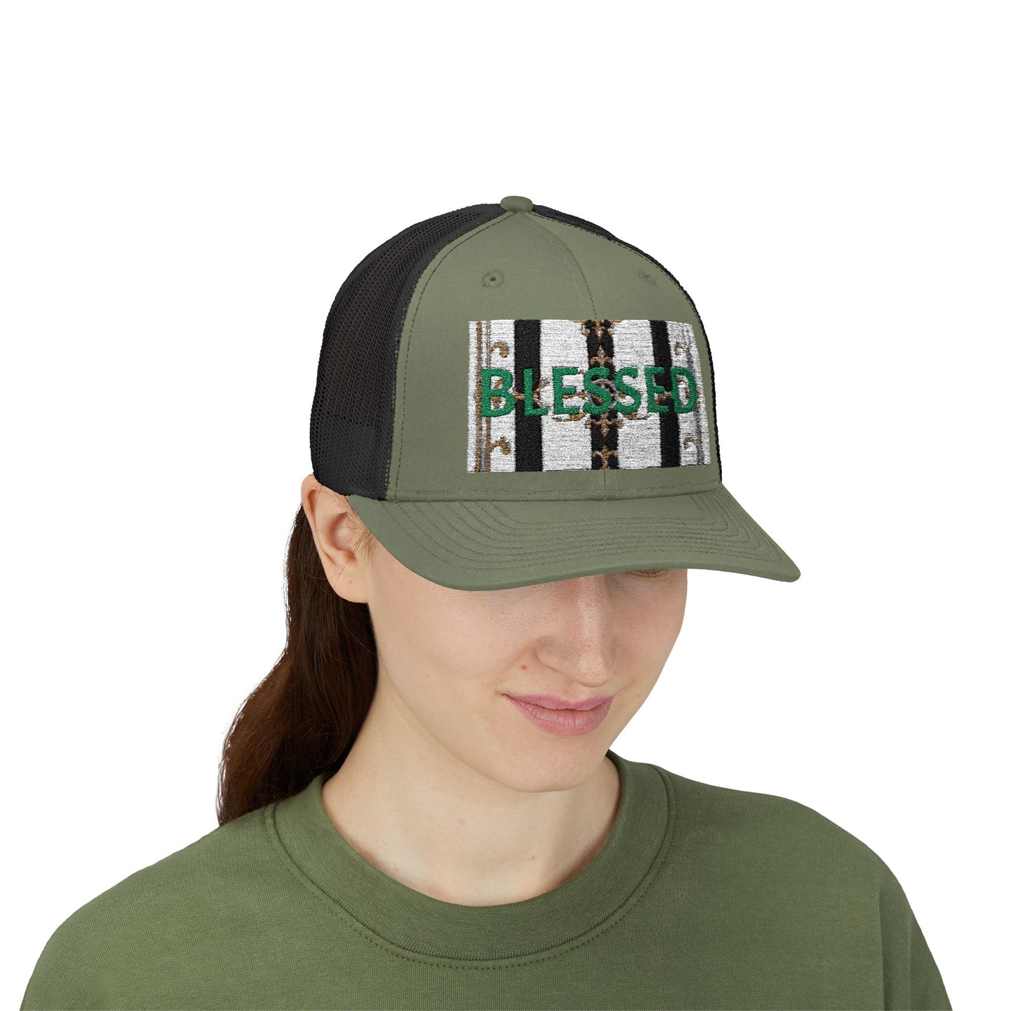 Blessed Snapback Trucker Cap | Casual Style, Outdoor Gear, Faith-Based Gift, Adjustable Hat, Everyday Fashion - Black & White Striped Gold Baroque