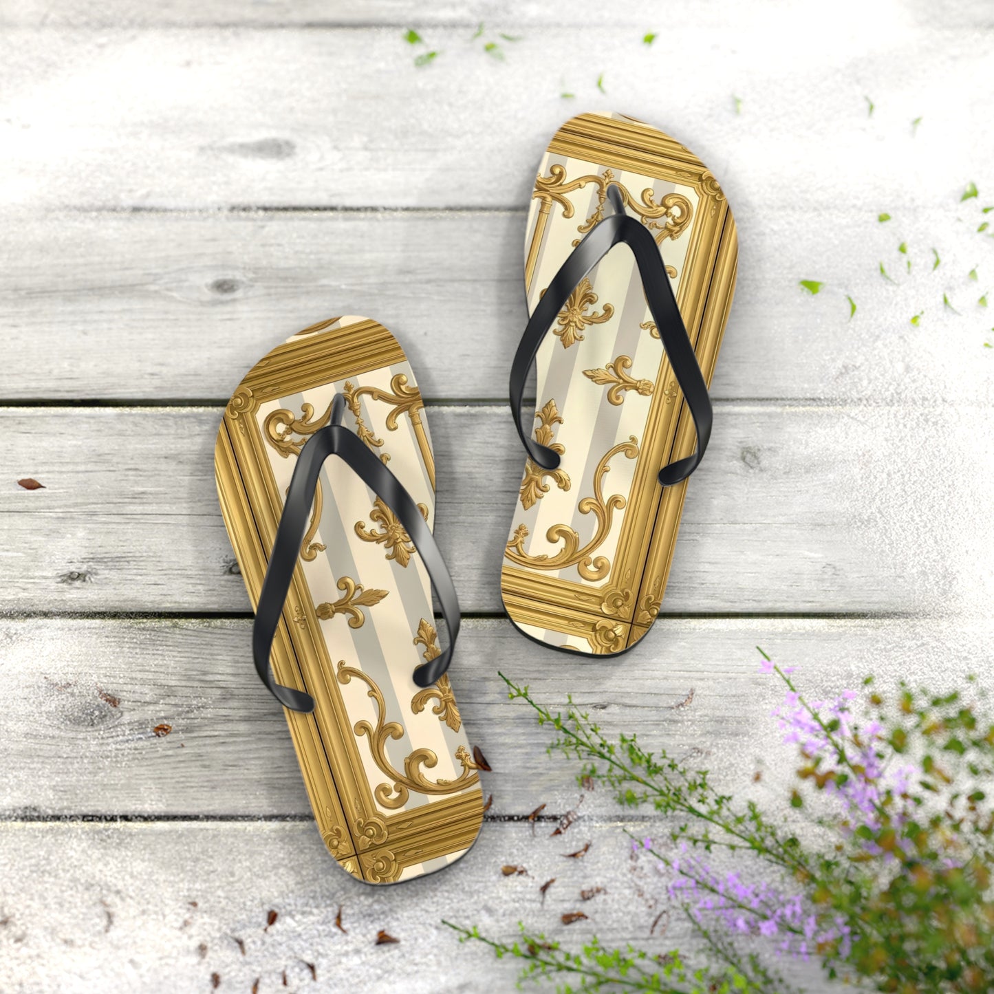 Chic Decorative Flip Flops for Beach, Summer Vibes, Vacation Footwear, Luxury Poolside Slippers - Matte Gray & Cream Striped Gold Baroque