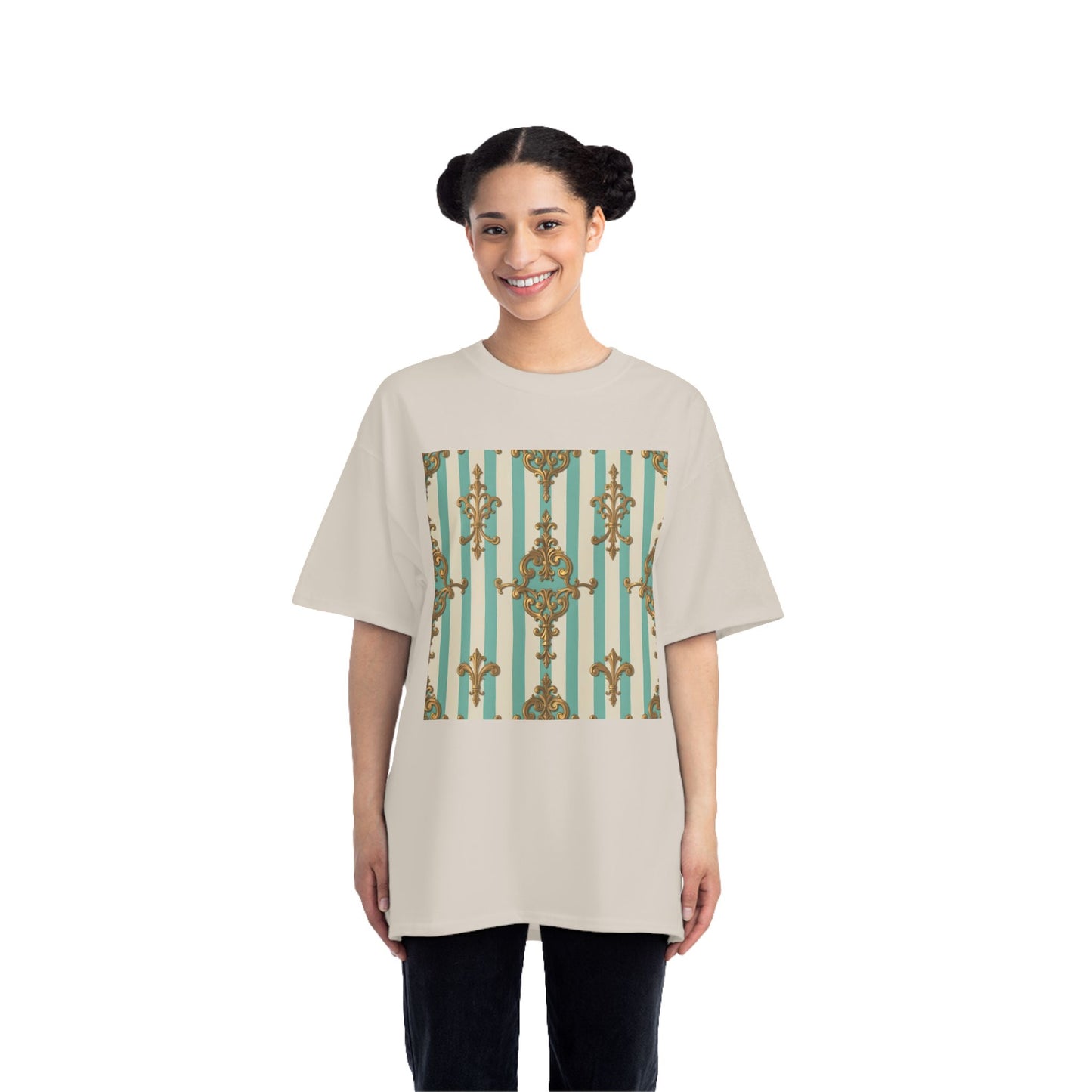 Elegant Patterned Short-Sleeve T-Shirt, Fashion Tee, Casual Wear, Gift for Her, Summer Style, Unique Design - Matte Green Striped Rococo