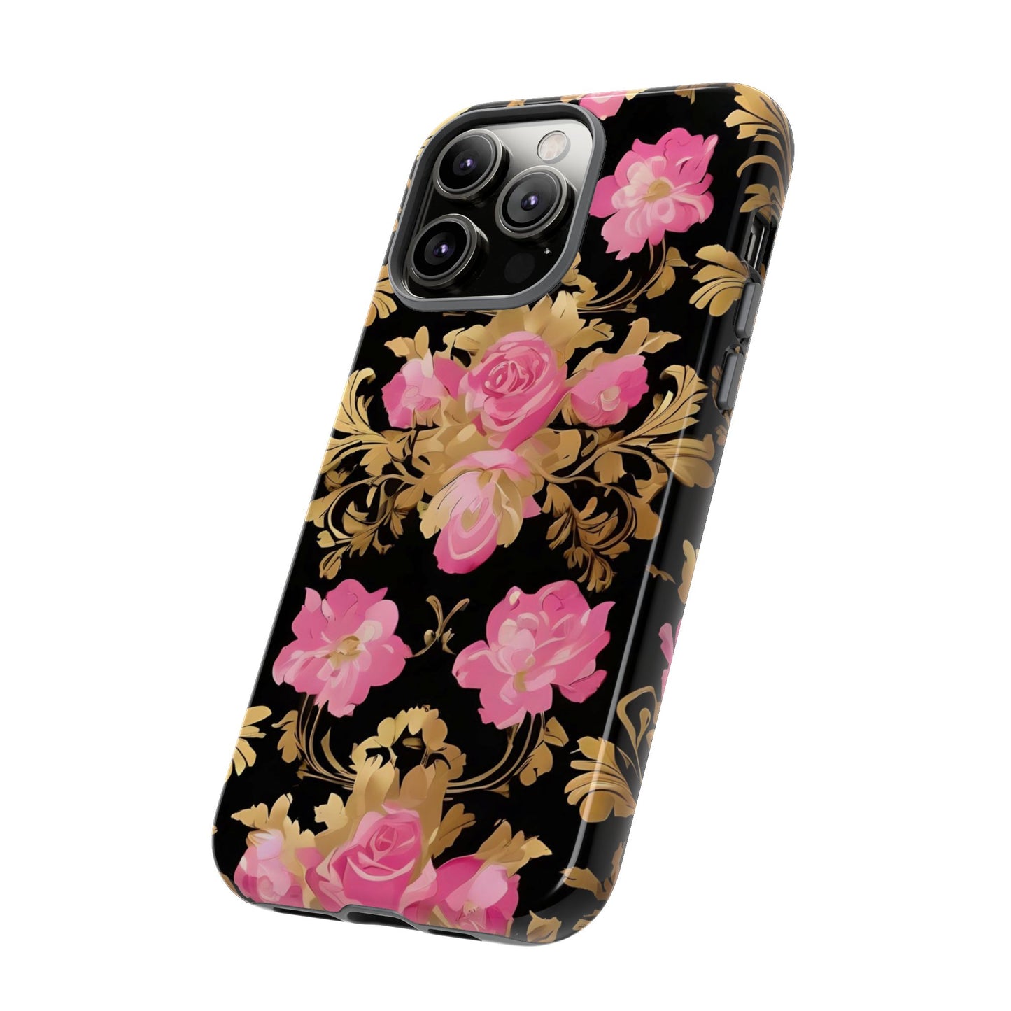 Elegant Floral Motif Phone Case - Tough Cases with Vintage Design - Pink & Gold Roses