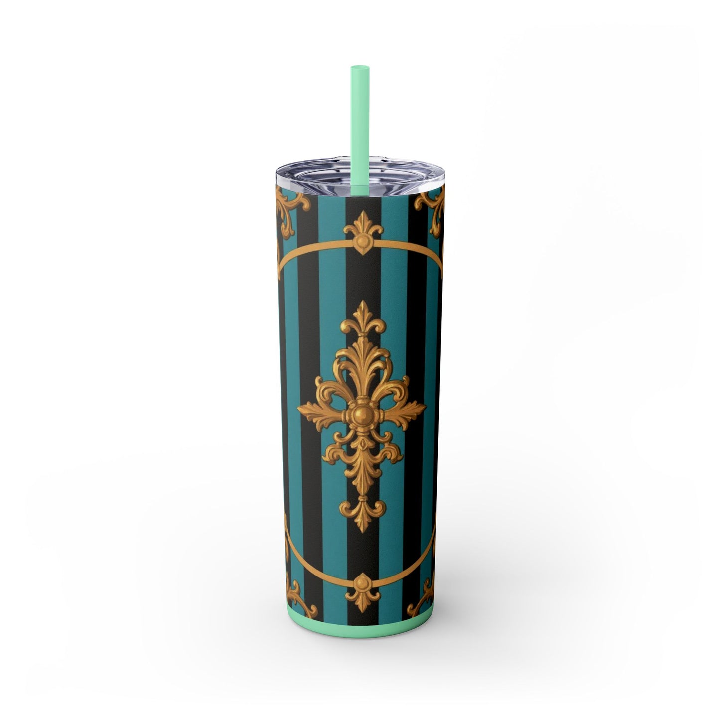 Elegant Turquoise & Black Striped Gold Baroque Skinny Tumbler with Straw, 20oz, Stylish Travel Mug, Party Favor, Birthday Gift, Drinkware
