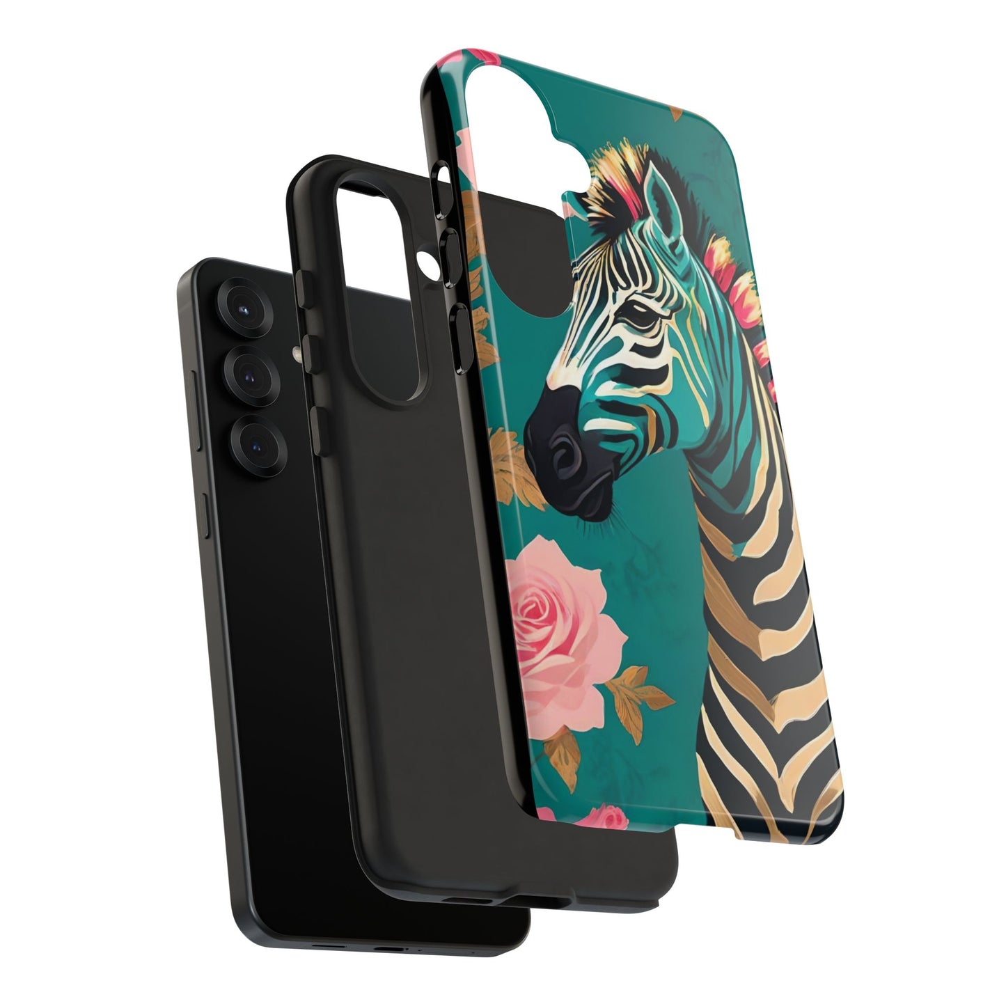 Phone Case - Elegant Teal & Gold Zebra & Roses Design