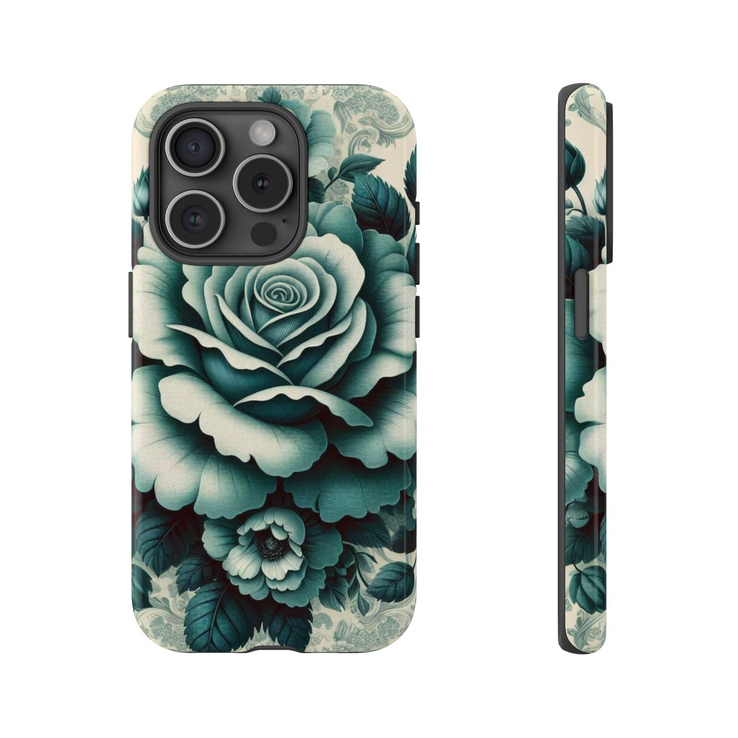 Elegant Floral Motif Phone Case - Tough Cases with Vintage Design - Teal Roses & Damask