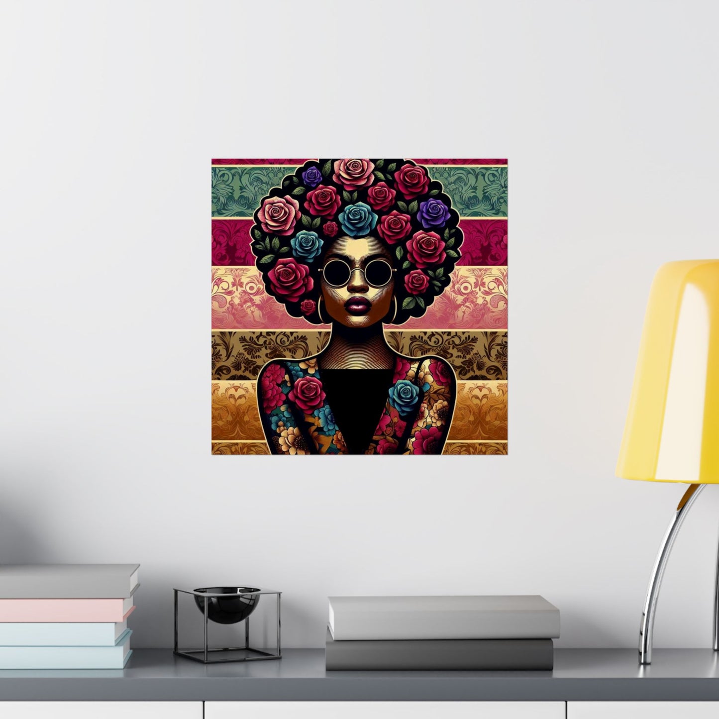 Floral Afro Art Poster - Elegant Matte Vertical Wall Decor - Lady With Damask & Roses
