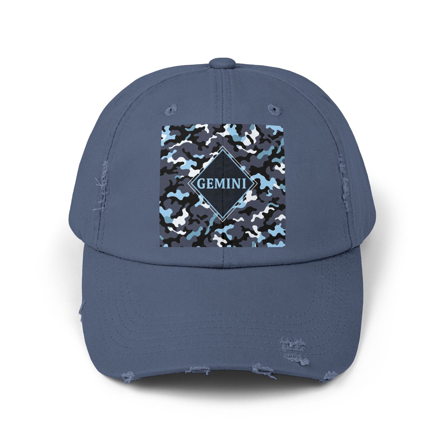 Gemini Distressed Cap - Unisex Camo Design - Black, Grey & Ice Blue