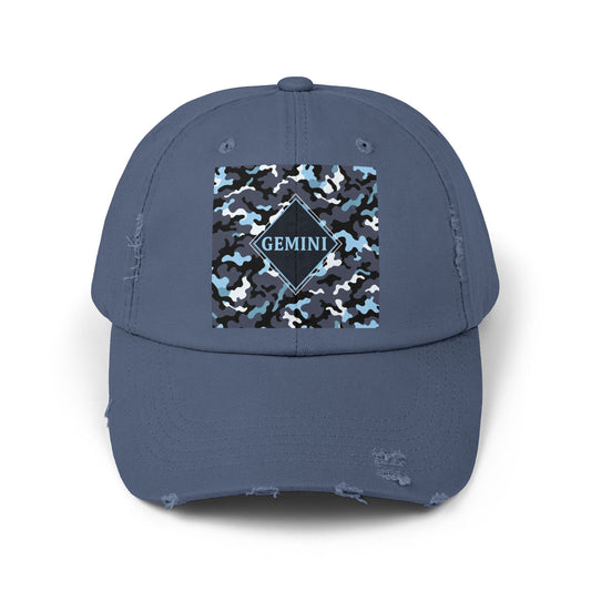 Gemini Distressed Cap - Unisex Camo Design - Black, Grey & Ice Blue