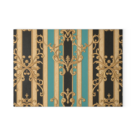 Elegant Black, Tan & Ocean Green Striped Gold Baroque Vintage Glass Cutting Board with Floral Design, Kitchen Decor, Gift for Chefs, Housewarming