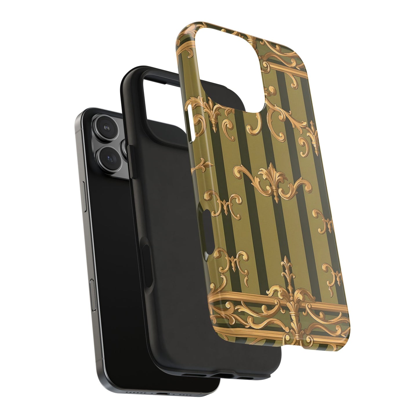 Elegant Vintage Phone Case - Tough Protection with Classy Design, Stylish Phone Cover for Fashion Lovers - Olive Green Striped Rococo