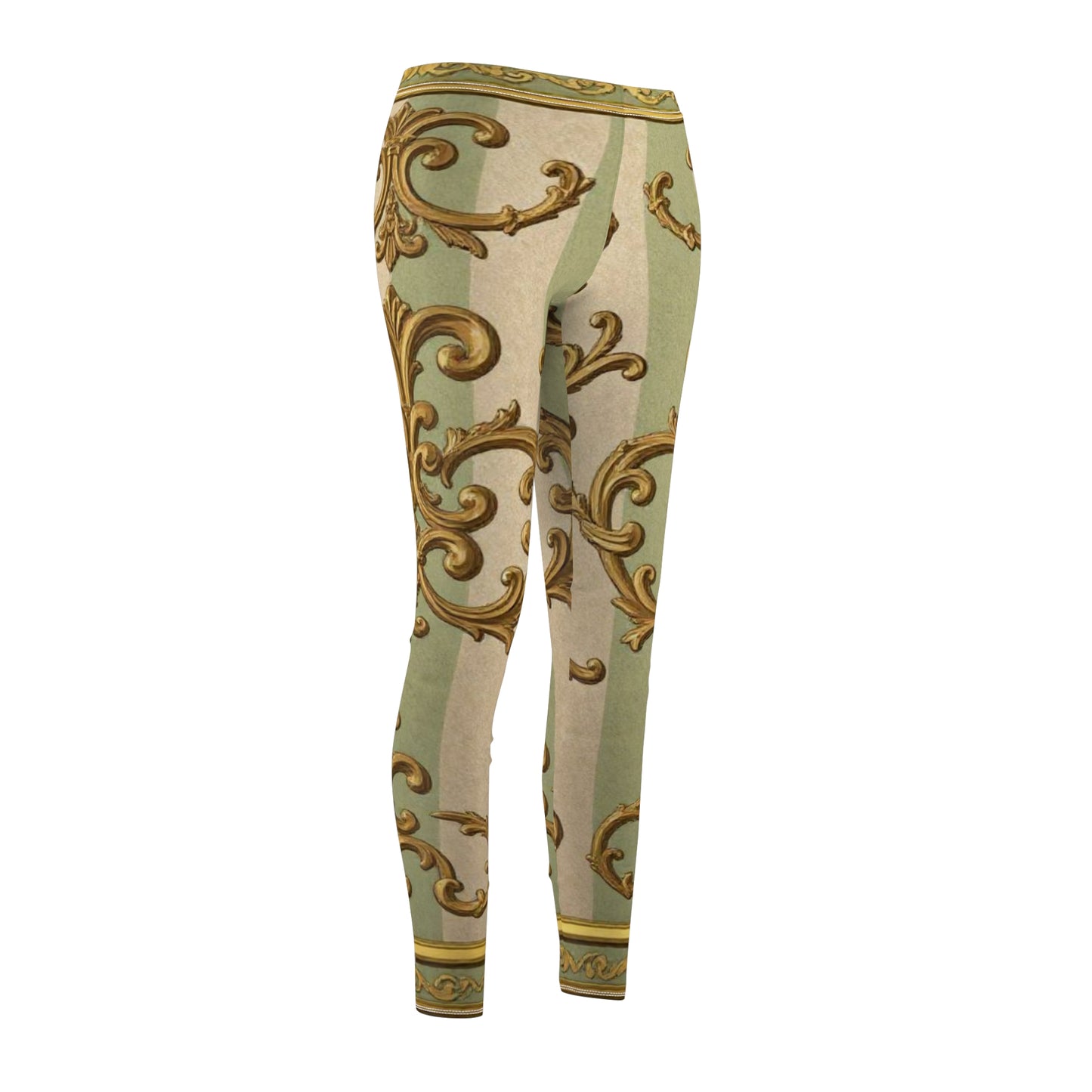 Elegant Vintage Print Leggings, Stylish Activewear, Comfortable Casual Wear, Perfect for Yoga - Mint & Beige Striped Gold Baroque