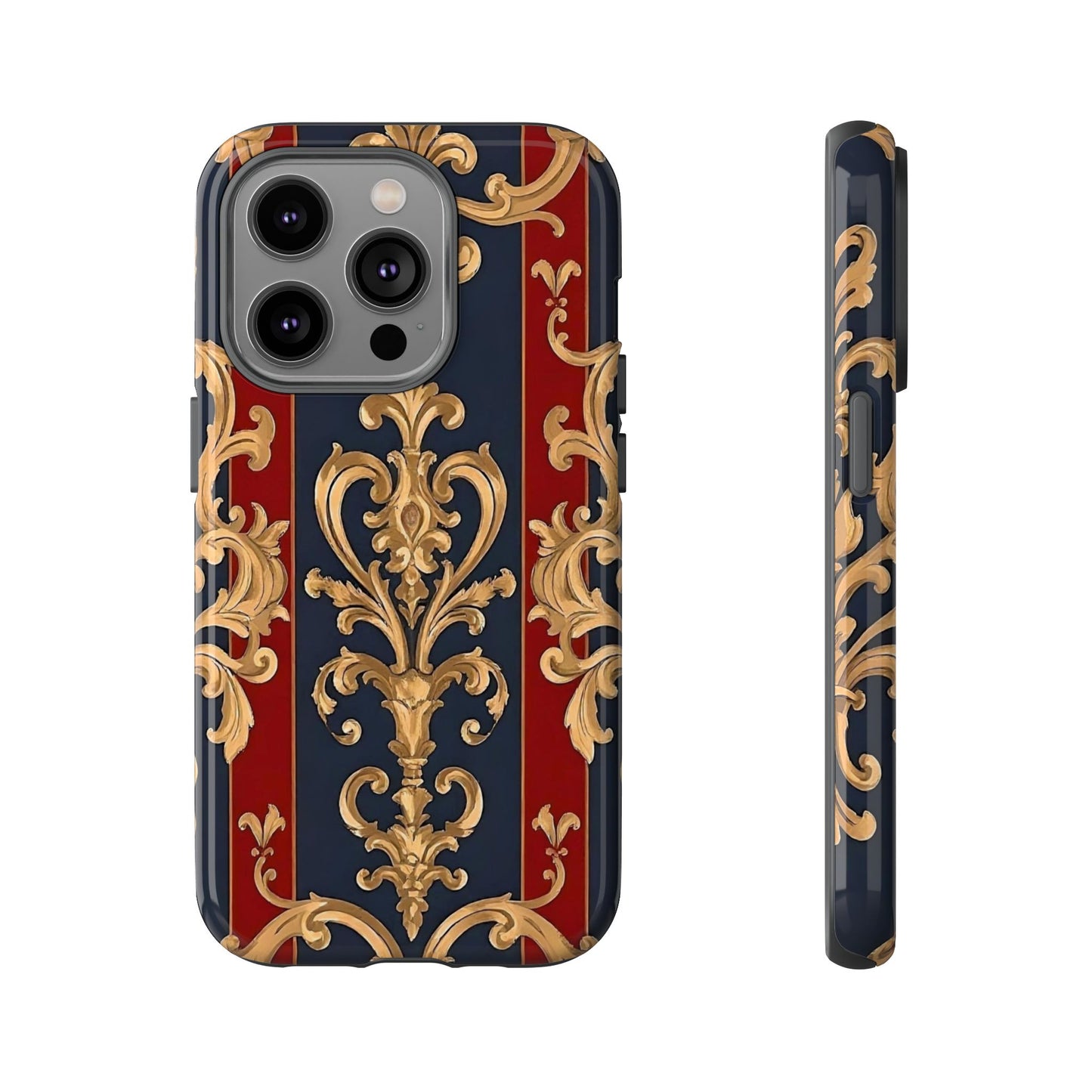 Elegant Floral Motif Phone Case - Tough Cases with Vintage Design - Midnight Blue & Dusk Red Striped Gold Damask