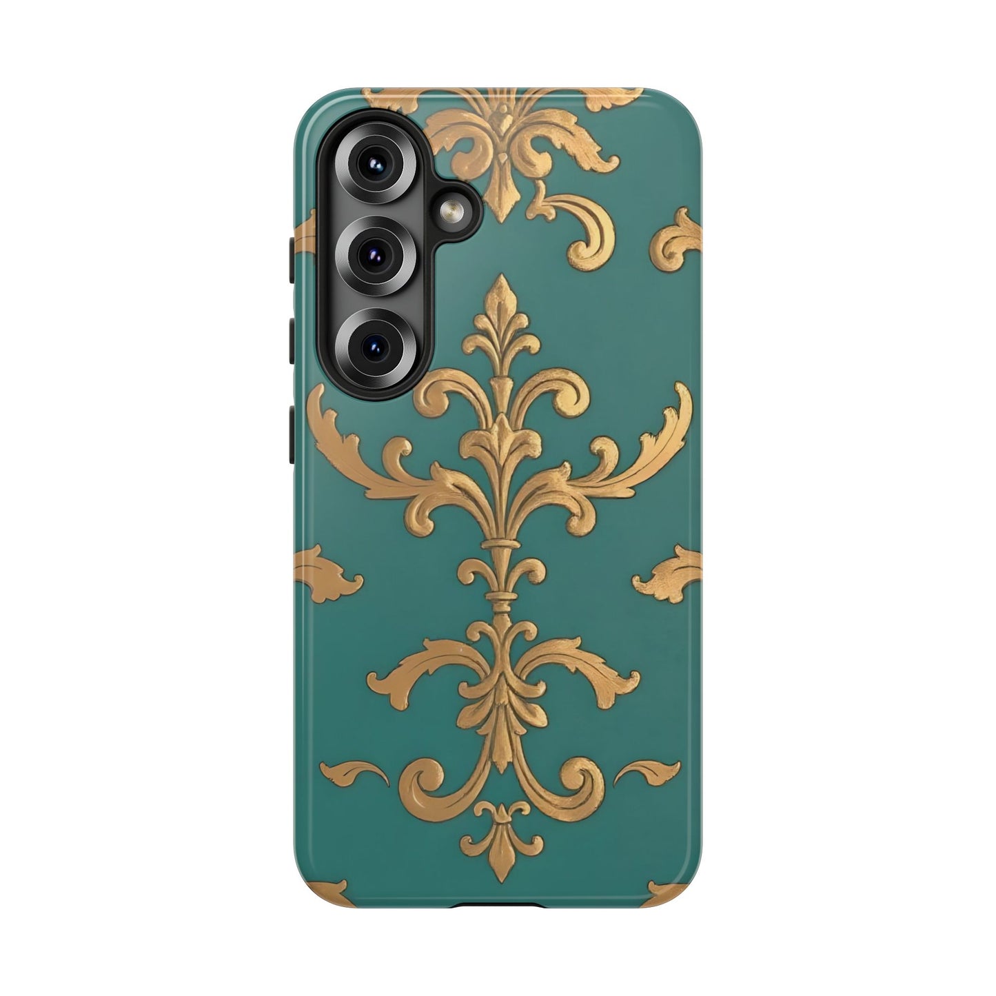 Elegant Floral Motif Phone Case - Tough Cases with Vintage Design - Aqua & Gold Damask