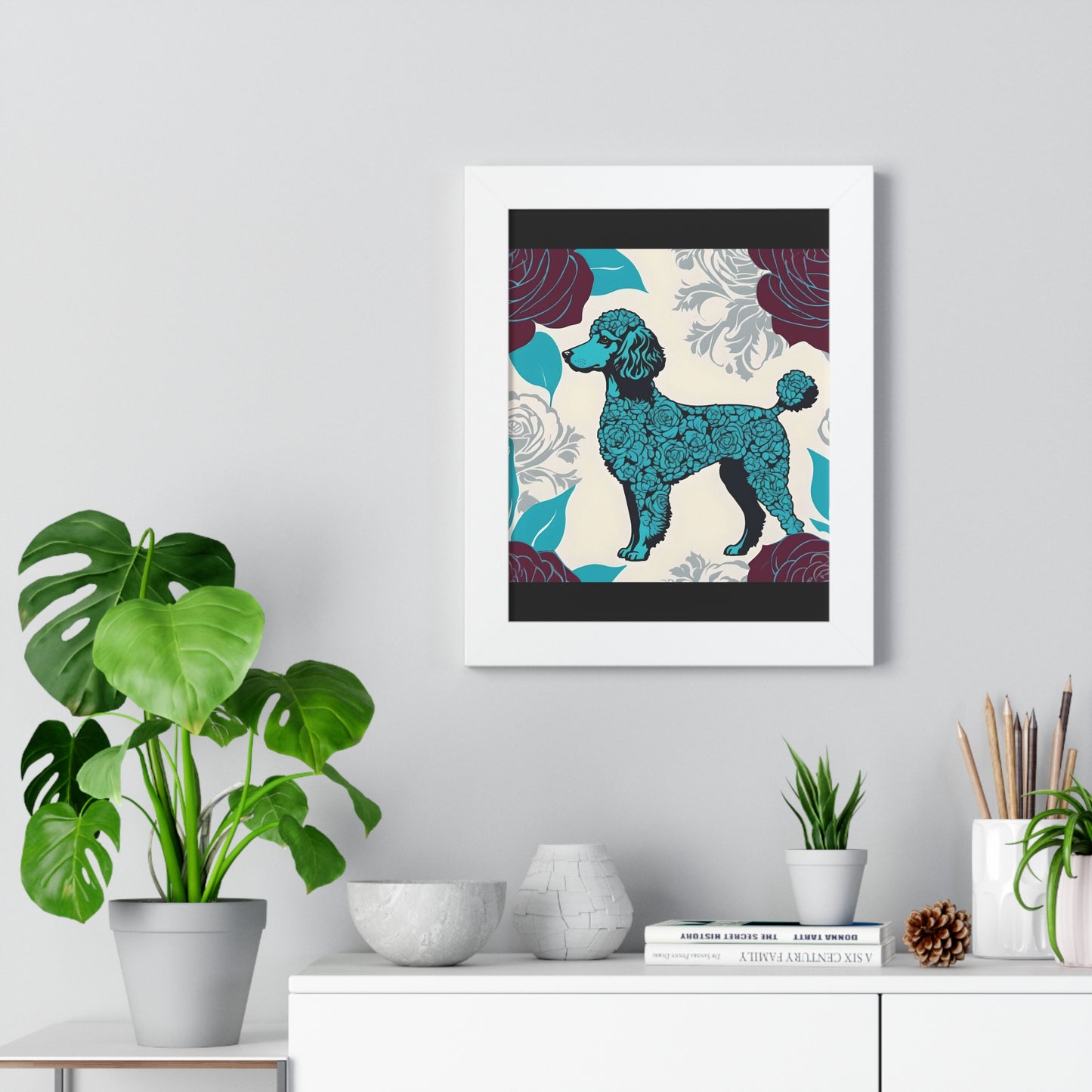 Vertical Poster - Stylish Framed - Art for Home Decor - Rose Inspired Turquoise Poodle With Burgundy Roses