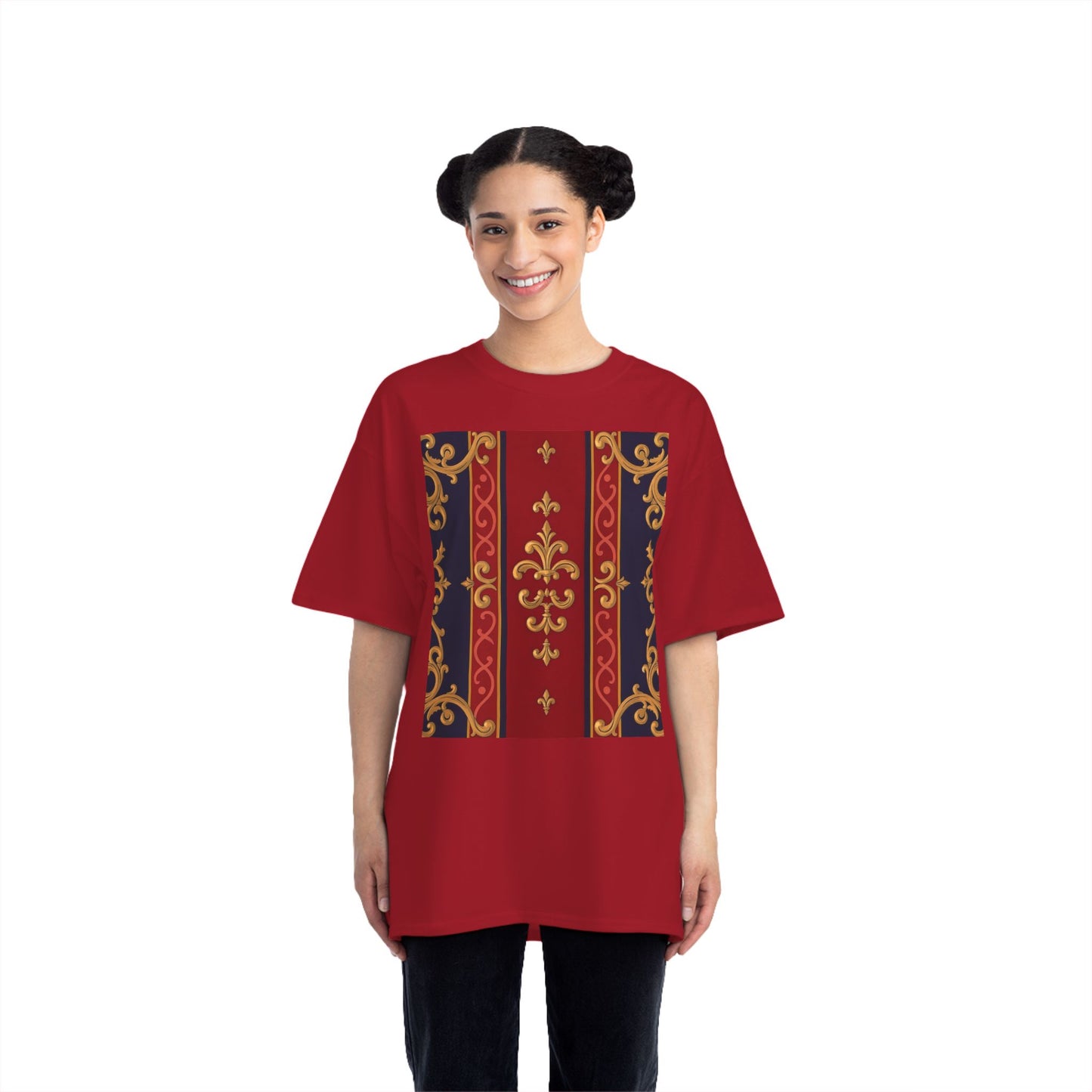 Elegant Baroque T-Shirt for Fashion Lovers, Casual Wear, Gift for Her, Unique Tee for Art Enthusiasts - Midnight Blue & Dusk Red Gold Baroque