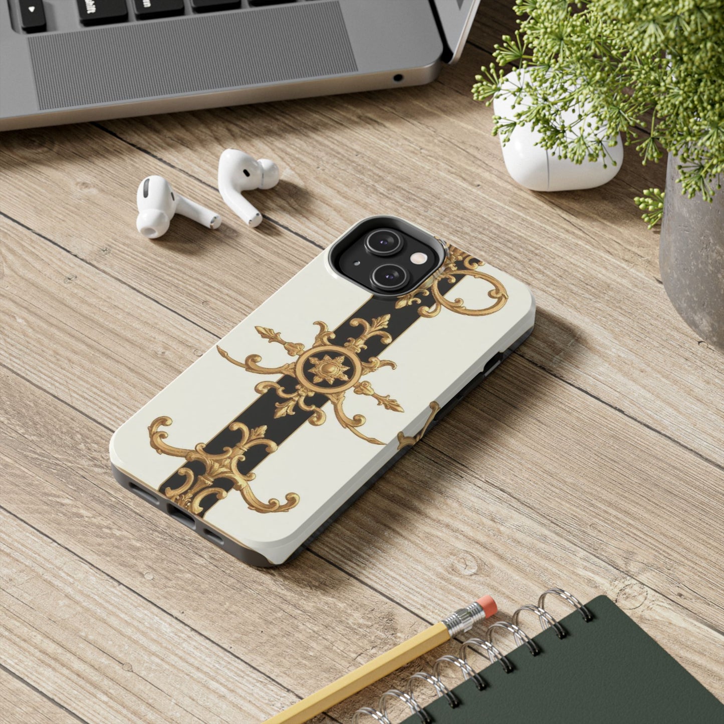 Elegant Baroque Tough Phone Case | Stylish Protection for Your Device, Gift for Her, Phone Accessories - Black & White Striped Gold Baroque