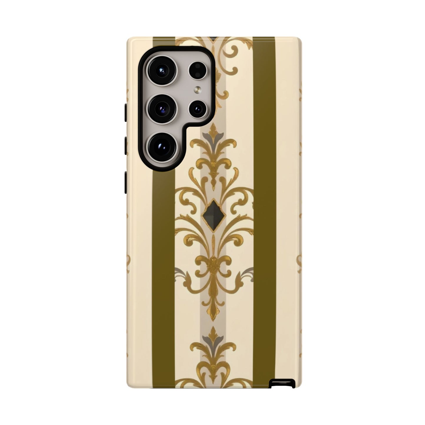 Elegant Floral Motif Phone Case - Tough Cases with Vintage Design - Olive Striped Gold Damask
