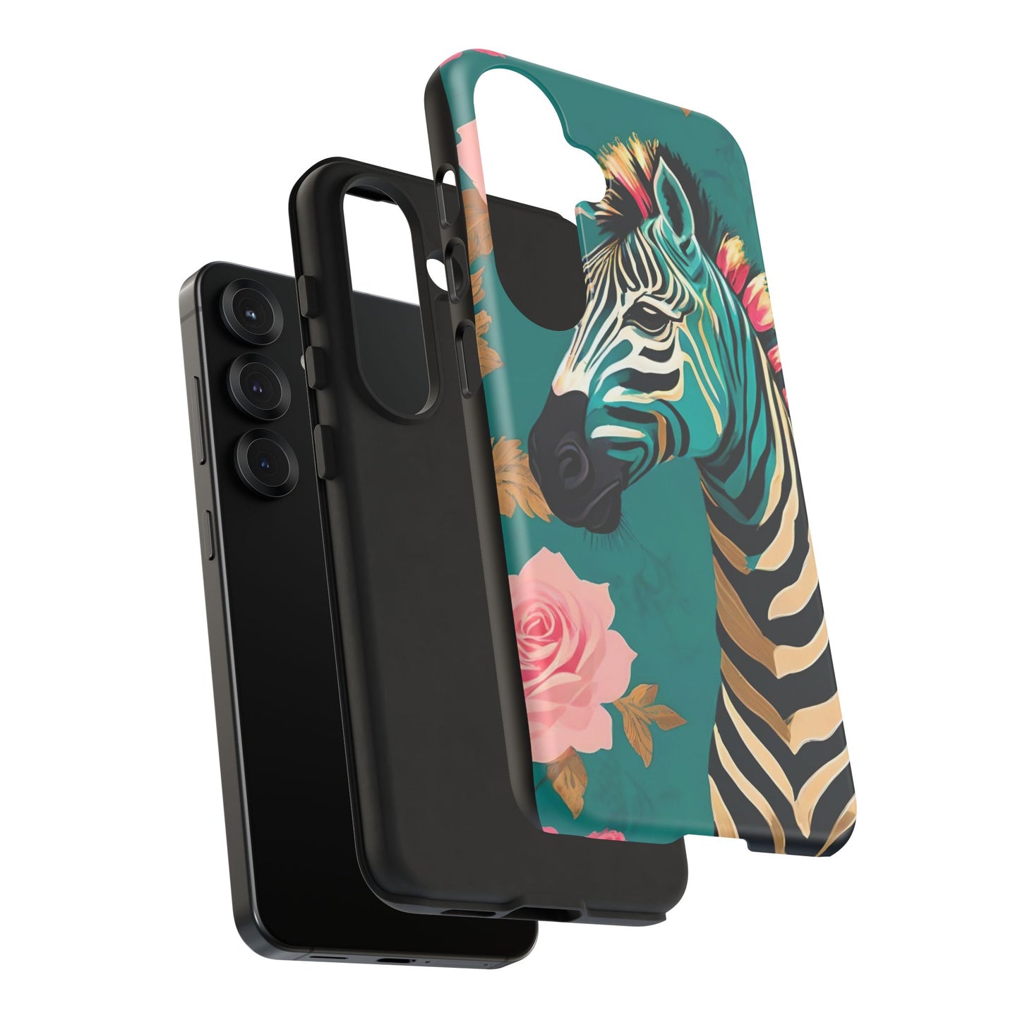 Phone Case - Elegant Teal & Gold Zebra & Roses Design